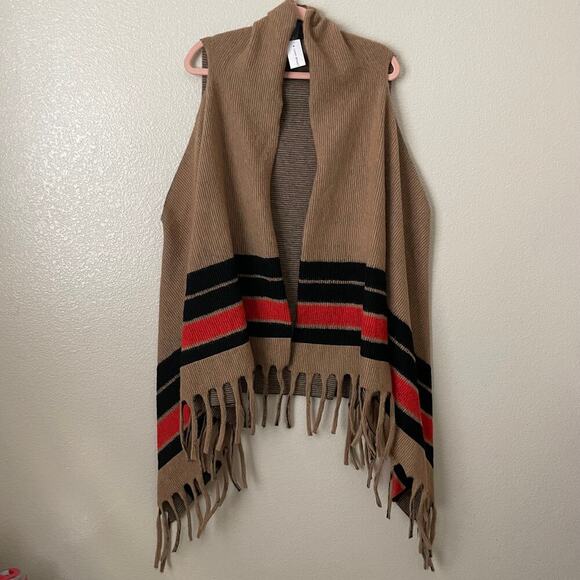 Lane Bryant Poncho Womens Tan Open Front Striped Fringe Cardigan Duster Sweater - Picture 3 of 12